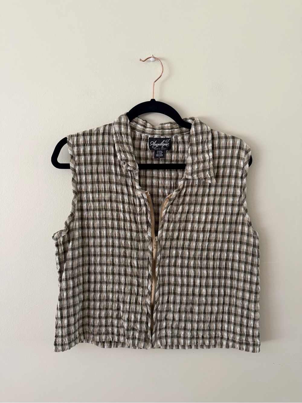Angelique 90s VTG Cotton Green Plaid Full Zip Country Western Cottage Blouse L